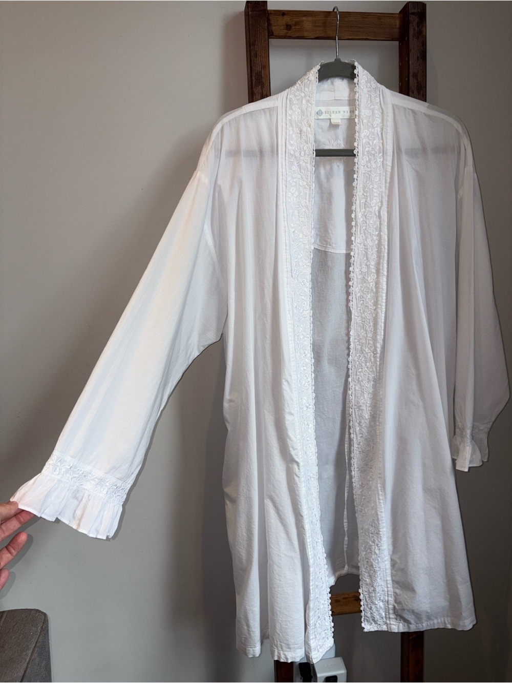 Eileen West White Cotton Lace-Trim Embroidered Robe w/ Sash Size XL Bridal Spa